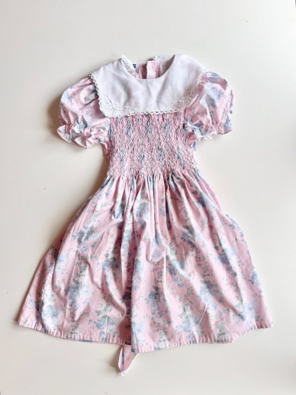 Vintage POLLY FLINDERS Pink Floral Polycotton Smocked Fit & Flare Dress, Size 7